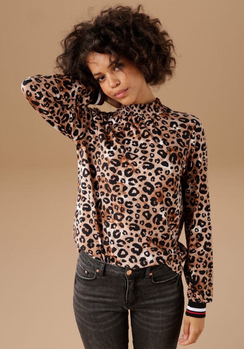 Aniston CASUAL Shirt met lange mouwen met trendy animal-print en gestreepte boord