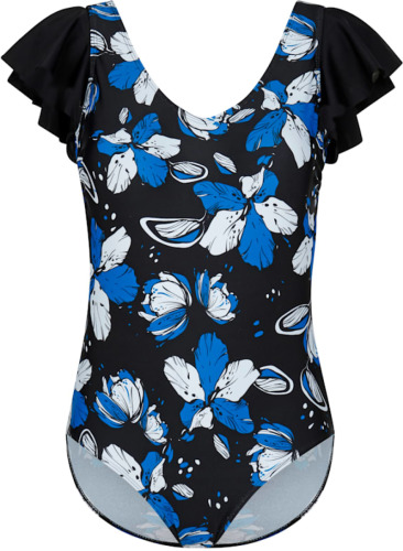 Badpak met ruches aan de bandjes maritim Zwart/Wit/Royal blue