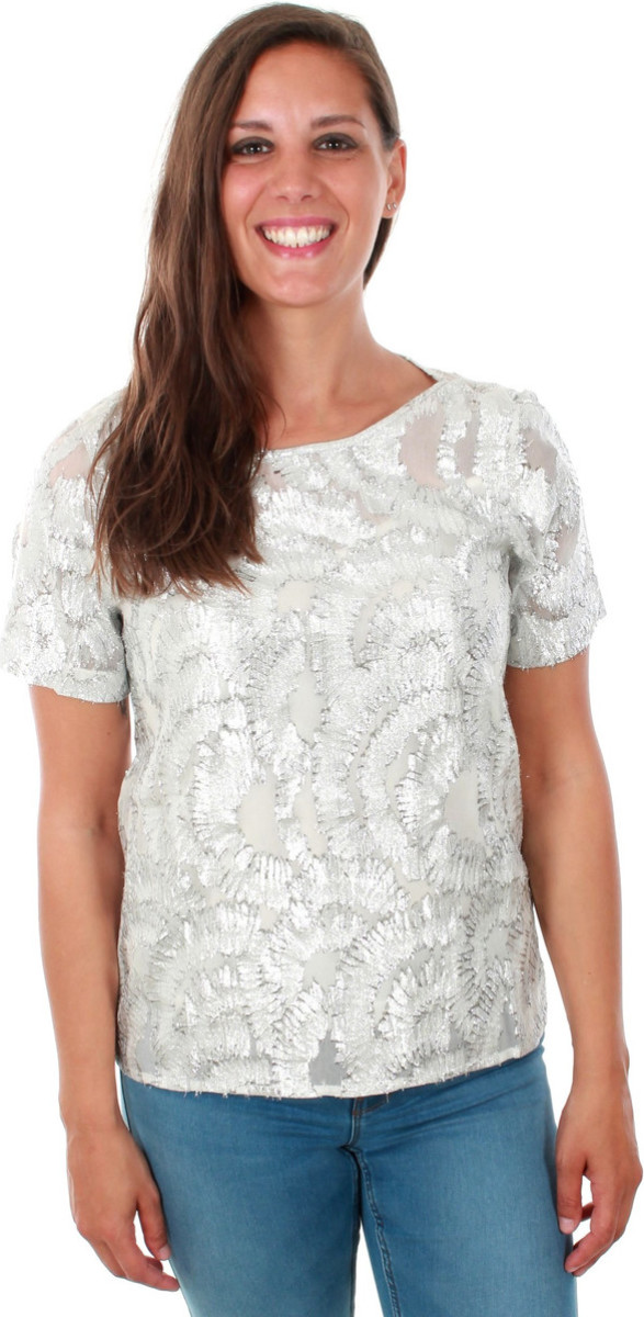 T-shirt Korte Mouw VERO MODA  10213717 VMVIOLA SS TOP SNOW WHITE SILVER LUREX