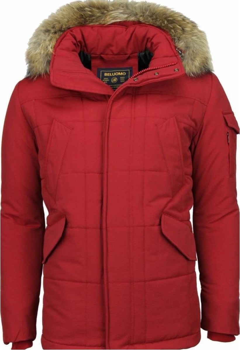 Parka Jas Beluomo  Rode Winterjas Grote Bontkraag