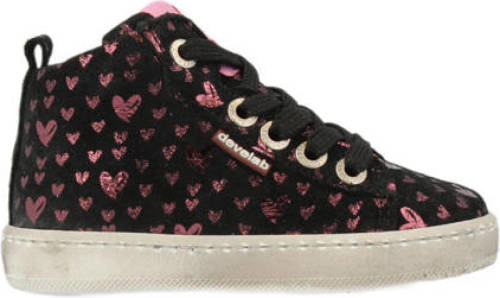 Develab 41426 leren sneakers met hartjesprint zwart/roze