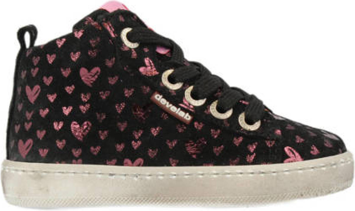 Develab 41426 leren sneakers met hartjesprint zwart/roze