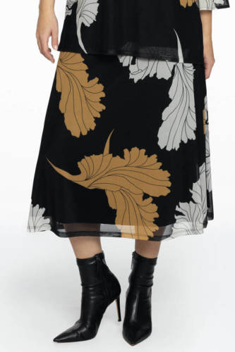 Yoek gebloemde midi rok zwart/camel/ecru