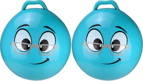 Skippy Buddy 2x stuks skippybal smiley voor kinderen blauw 55 cm