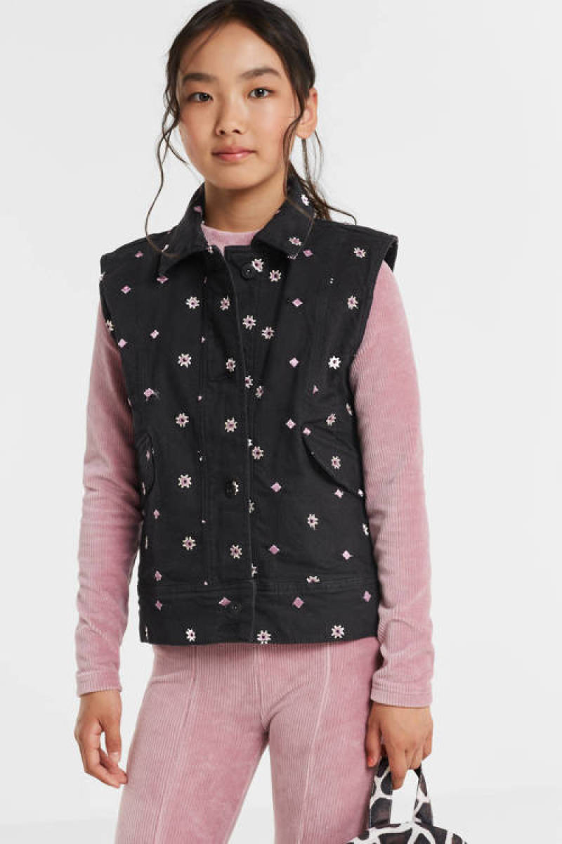 Shoeby Jill & Mitch gilet Denim met all over print zwart/roze