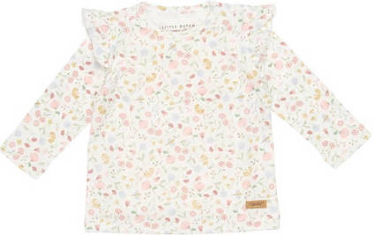 Little Dutch baby longsleeve Flowers & Butterflies met all over print en ruches wit/roze