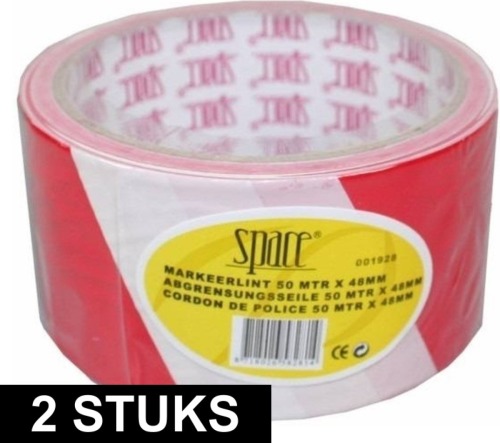 Shoppartners 2x 50 Meter Markeerlint / Afzetlint Wit Met Rood - Markeerlinten
