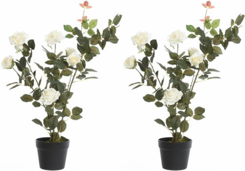 Shoppartners 2x Groene/witte Rosa/rozenstruik Kunstplanten 80 Cm In Pot - Kunstplanten