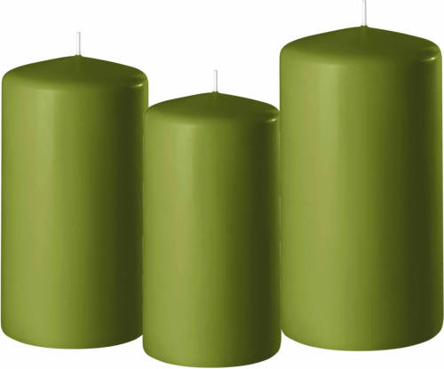 Shoppartners 3x Stuks Olijf Groene Stompkaarsen 10-12-15 Cm - Stompkaarsen