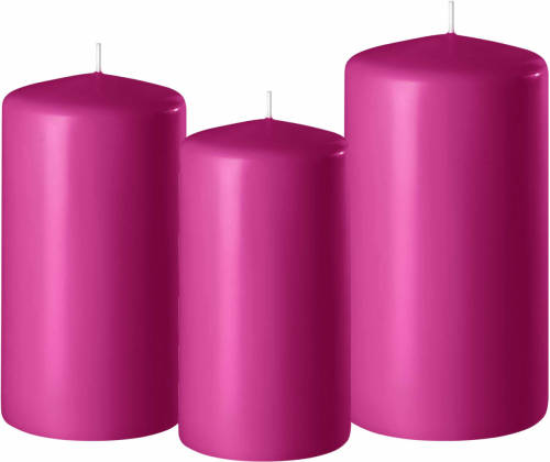 Shoppartners 3x Stuks Fuchsia Roze Stompkaarsen 10-12-15 Cm - Stompkaarsen