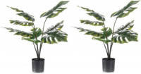 Shoppartners 2x Groene Monstera/gatenplanten Kunstplant 60 Cm In Zwarte Pot - Kunstplanten