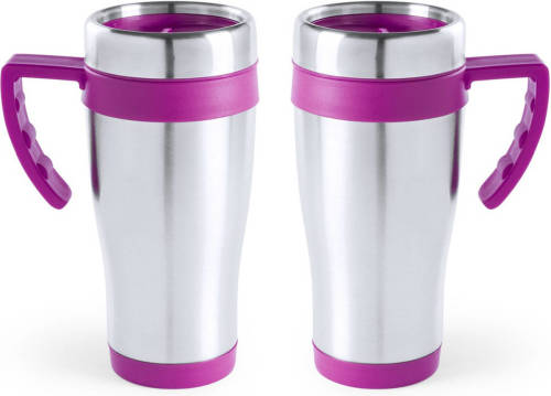 Shoppartners 2x Stuks Rvs Thermosbeker/warm Houd Beker Roze 500 Ml - Thermosbeker