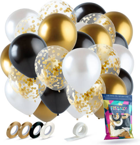 Fissaly ® 40 Stuks Goud, Zwart & Wit Helium Ballonnen Met Lint - Versiering Decoratie - Papieren Confetti - Latex