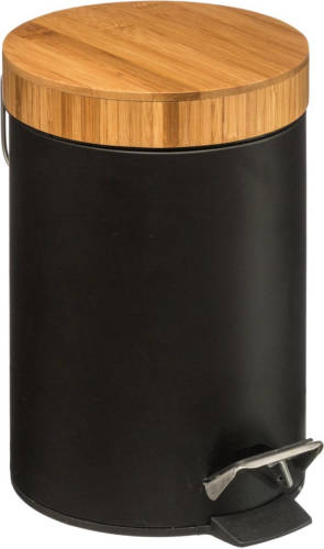 Parya Five® - Zwarte Pedaalemmer - 3 Liter - Metaal / Bamboe