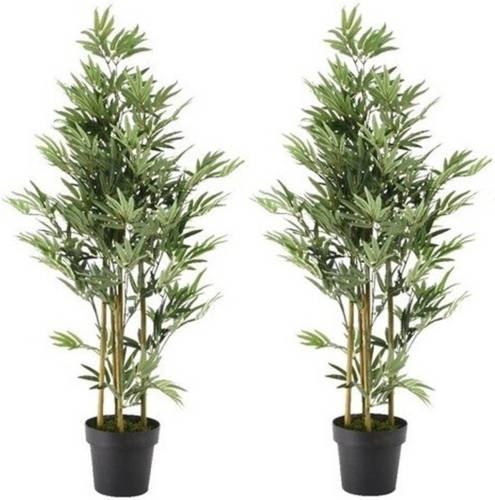 Shoppartners 2x Groene Bamboe Kunstplanten 125 Cm In Zwarte Plastic Pot - Kamerplant Kunstplanten/nepplanten