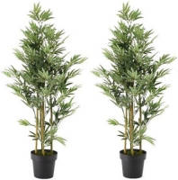 Shoppartners 2x Groene Bamboe Kunstplanten 125 Cm In Zwarte Plastic Pot - Kamerplant Kunstplanten/nepplanten