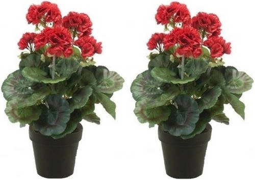 Shoppartners 2x Kunstplanten Geranium Rood In Zwarte Pot 35 Cm - Kunstplanten