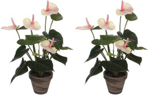 Mica Decorations 2x Kunstplanten Anthurium Licht Roze In Grijze Pot 40 Cm - Kunstplanten