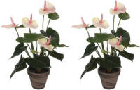 Mica Decorations 2x Kunstplanten Anthurium Licht Roze In Grijze Pot 40 Cm - Kunstplanten