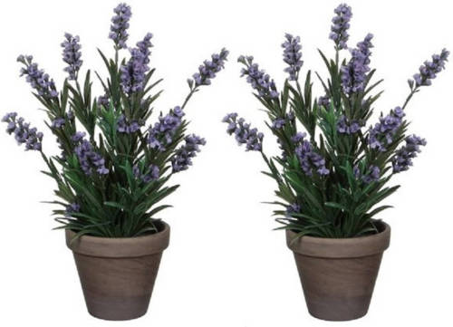Shoppartners 2x Groene Lavandula Lavendel Kunstplanten 33 Cm Met Grijze Pot - Kunstplanten