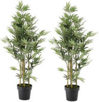 Shoppartners 2x Groene Bamboe Kunstplant 125 Cm In Zwarte Plastic Pot - Kamerplant Kunstplanten/nepplanten