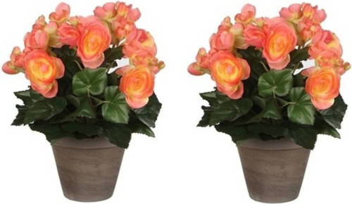Shoppartners 2x Zalmroze Begonia Kunstplanten 30 Cm In Grijze Pot - Kunstplanten