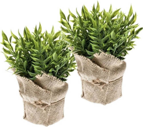 Shoppartners 2x Kunstplanten Muizendoorn Kruiden Groen In Jute Pot 20 Cm - Kunstplanten