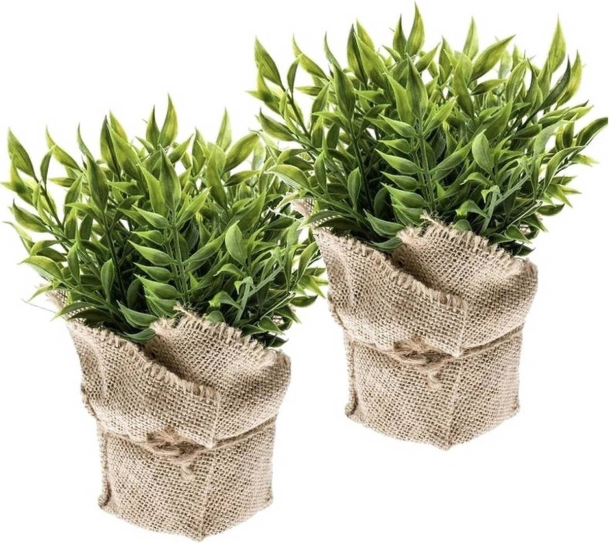 Shoppartners 2x Kunstplanten Muizendoorn Kruiden Groen In Jute Pot 20 Cm - Kunstplanten