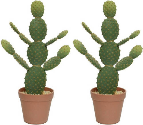 Shoppartners 2x Groene Opuntia/schijfcactus Kunstplanten 43 Cm In Bruine Pot - Kunstplanten