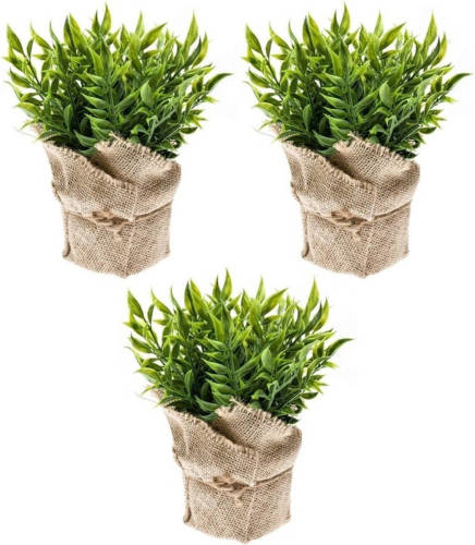 Shoppartners 3x Kunstplanten Muizendoorn Kruiden Groen In Jute Pot 20 Cm - Kunstplanten