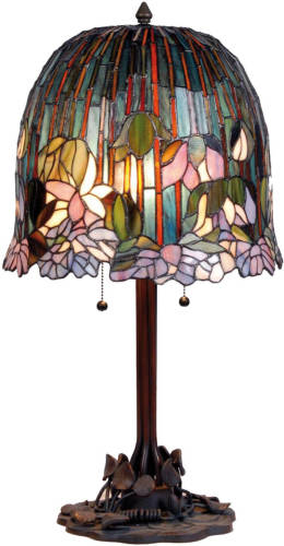 Clayre & Eef Tafellamp Met Tiffanykap Hangplant Lila 68 X ø 37 Cm - Bruin, Blauw, Roze, Multi Colour - Ijzer, Glas