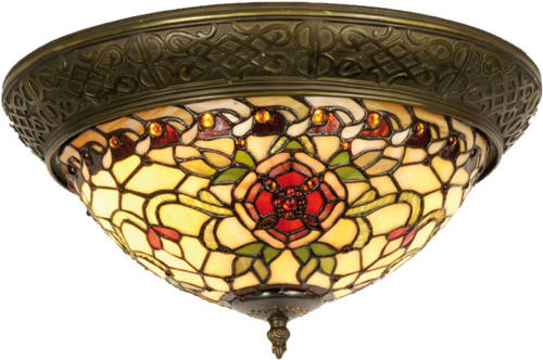 Clayre & Eef Tiffany Plafondlamp Compleet Red Flower Serie - Bruin, Rood, Brons, Wit - Ijzer, Glas