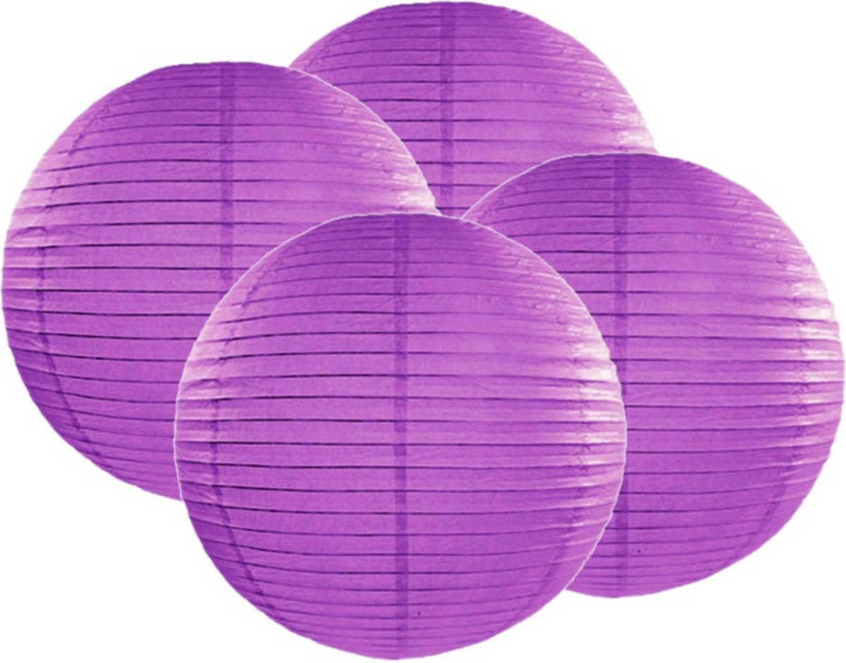 Bellatio Decorations 4x Stuks Luxe Bol Vorm Lampion Donker Paars 35 Cm - Feestlampionnen