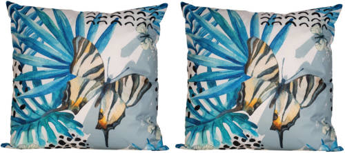 Anna's Collection 2x Bank/sier Kussens Met Blauwe Palm Plant/bladeren Print Voor Binnen En Buiten 45 X 45 Cm - Sierkussens