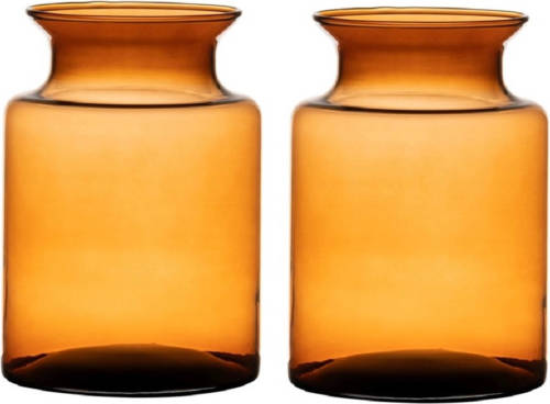 Bellatio Design Set Van 2x Stuks Oranje/transparante Melkbus Vaas/vazen Van Glas 20 Cm - Vazen