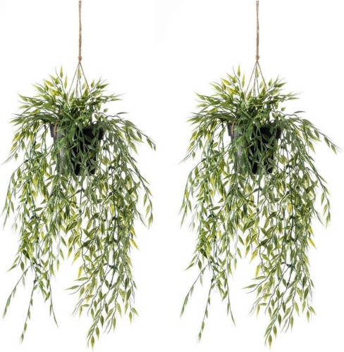 Shoppartners 2x Groene Bamboe Kunstplanten 50 Cm In Hangende Pot - Kunstplanten