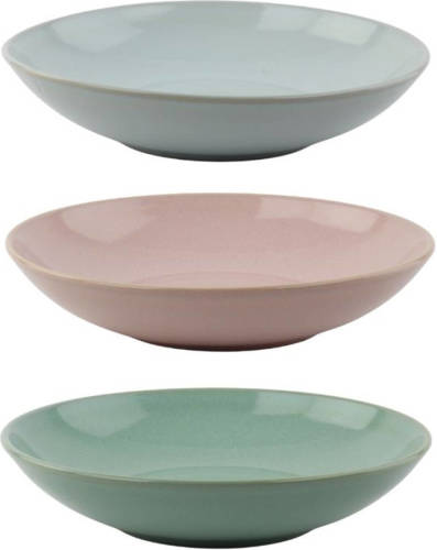 Orange85 Diepe Borden - 3 Stuks - Aardewerk - 22 Cm - Ovenbestendig - Roze - Blauw - Groen