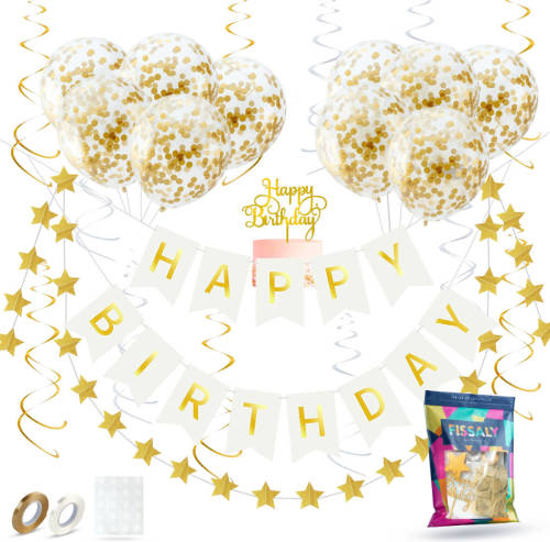 Fissaly ® Verjaardag Slinger Wit & Goud Met Papieren Confetti Ballonnen - Decoratie - Happy Birthday - Letterslinger