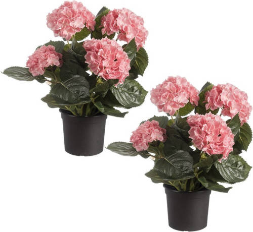 Shoppartners Set Van 2x Stuks Roze Hortensia Hydrangea Kunstplanten In Zwarte Kunststof Pot 44 Cm - Kunstplanten