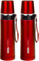 Shoppartners 2x Stuks Thermosfles / Isoleerfles Rvs Met Bandje Voor Onderweg 750 Ml Rood - Thermosflessen