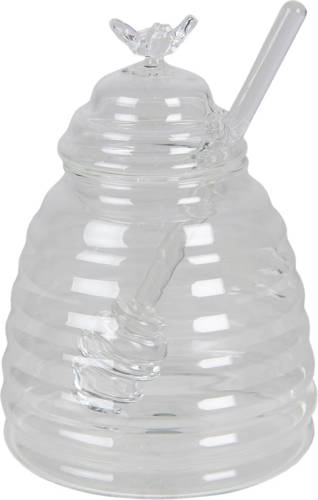 Clayre & Eef Honingpot Met Lepel 450 Ml Transparant Glas Bij Voorraadpot Deksel Bewaarpot Opbergpot Transparant