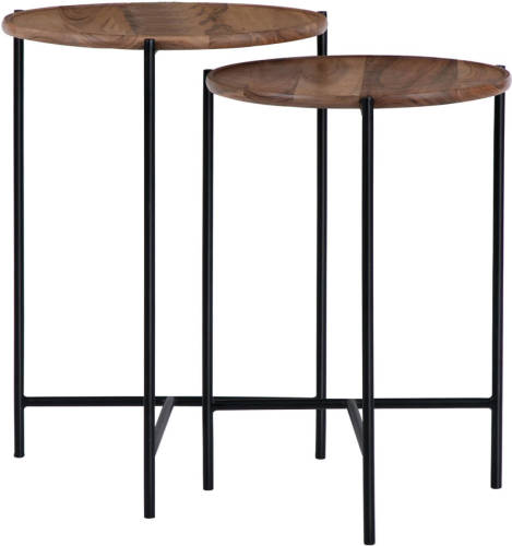 WOMO-Design Set Van 2 Bijzettafels Naturel/zwart, Ø 40x55 / 35x50 Cm, Gemaakt Van Mangohout En Ijzer