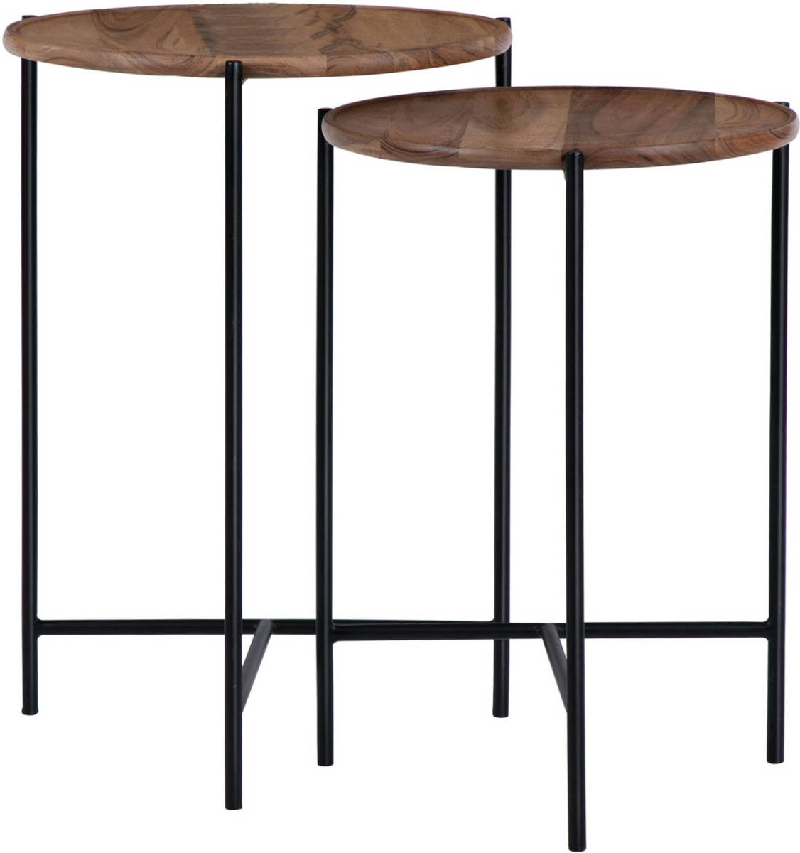 WOMO-Design Set Van 2 Bijzettafels Naturel/zwart, Ø 40x55 / 35x50 Cm, Gemaakt Van Mangohout En Ijzer