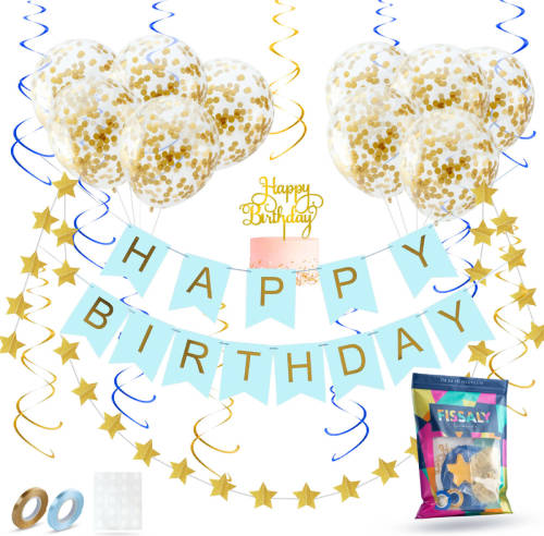 Fissaly ® Verjaardag Slinger Blauw & Goud Met Papieren Confetti Ballonnen - Decoratie - Happy Birthday - Letterslinger