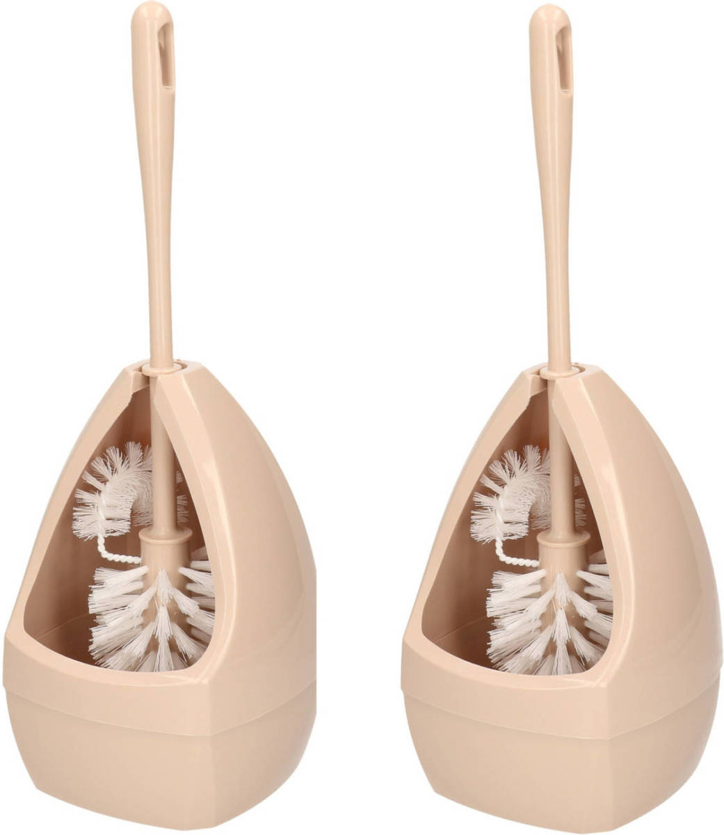 Shoppartners 2x Stuks Wc-borstels/toiletborstels Met Randreiniger Inclusief Houder Beige 39.5 Cm Kunststof - Toiletborstels