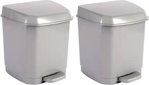 Hega Hogar 2x Grijze Pedaalemmer Vuilnisbakken/prullenbakken 7 Liter 26 Cm - Prullenbakken