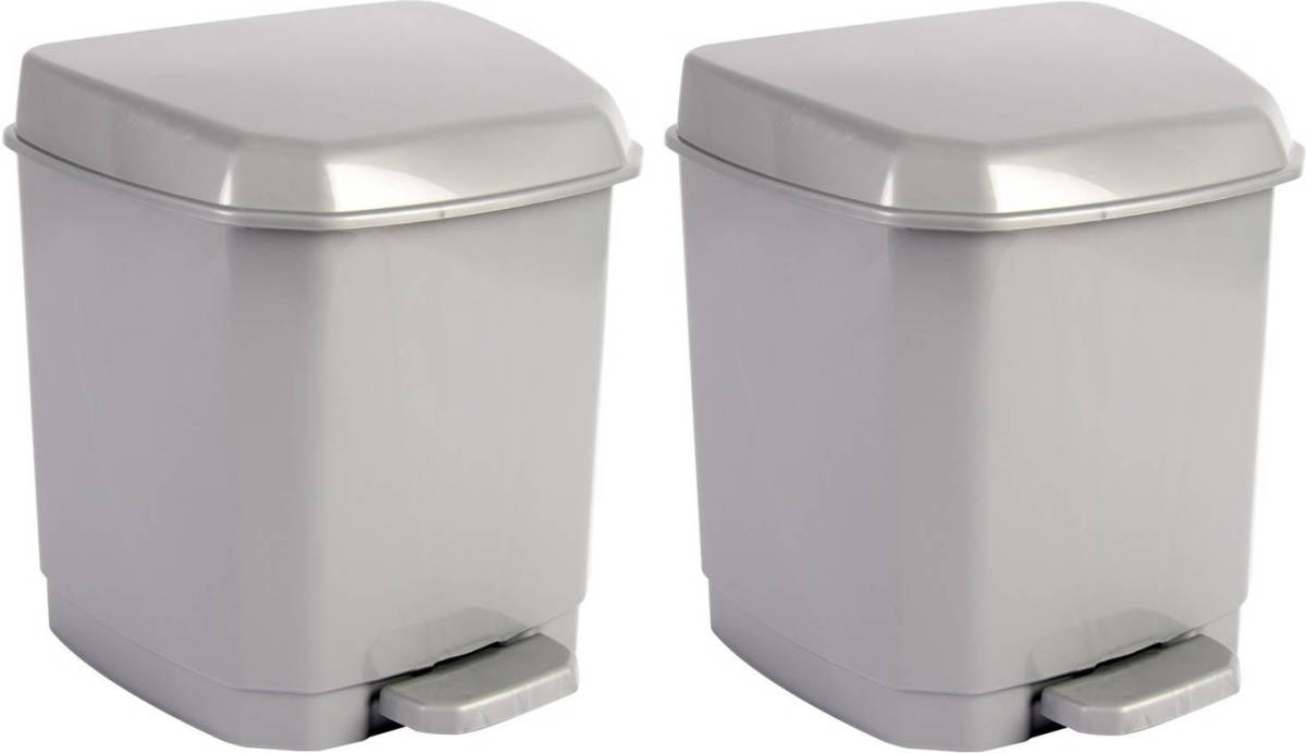Hega Hogar 2x Grijze Pedaalemmer Vuilnisbakken/prullenbakken 7 Liter 26 Cm - Prullenbakken