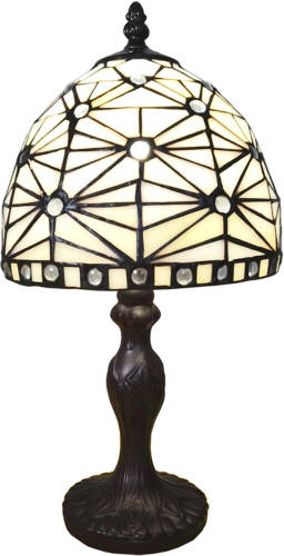 Clayre & Eef Lumilamp Tiffany Tafellamp Ø 18*33 Cm Beige Kunststof Glas Tiffany Bureaulamp Tiffany Lampen Glas In Lood Beige