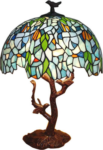 Clayre & Eef Lumilamp Tiffany Tafellamp Ø 42*49 Cm Blauw Kunststof Glas Bloemen Tiffany Bureaulamp Tiffany Lampen Glas In Lood