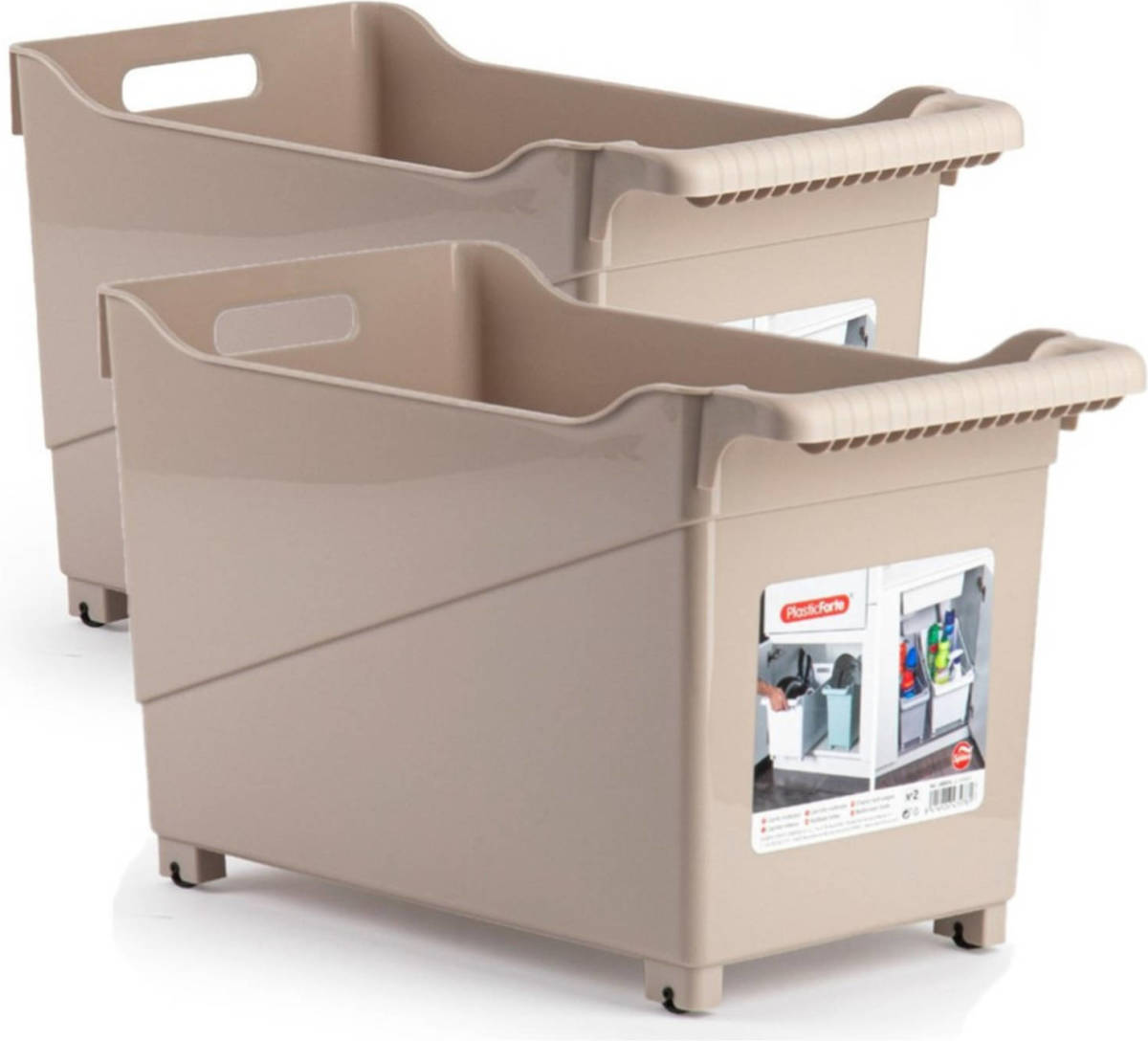 Forte Plastics Set Van 2x Stuks Kunststof Trolleys Lichtbruin Op Wieltjes L45 X B24 X H27 Cm - Opberg Trolley